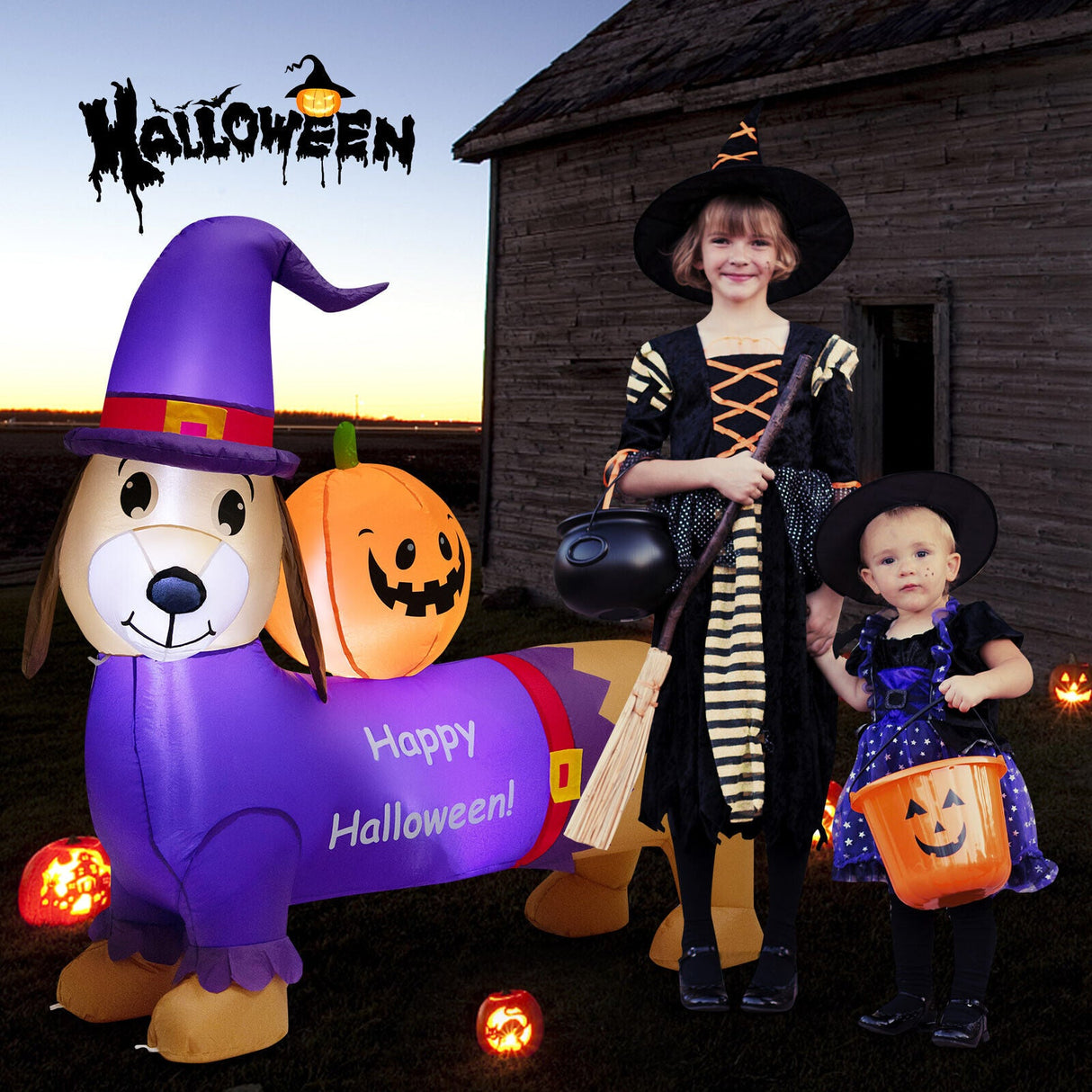 Dachshund inflable de Halloween de 5 pies de largo con calabaza