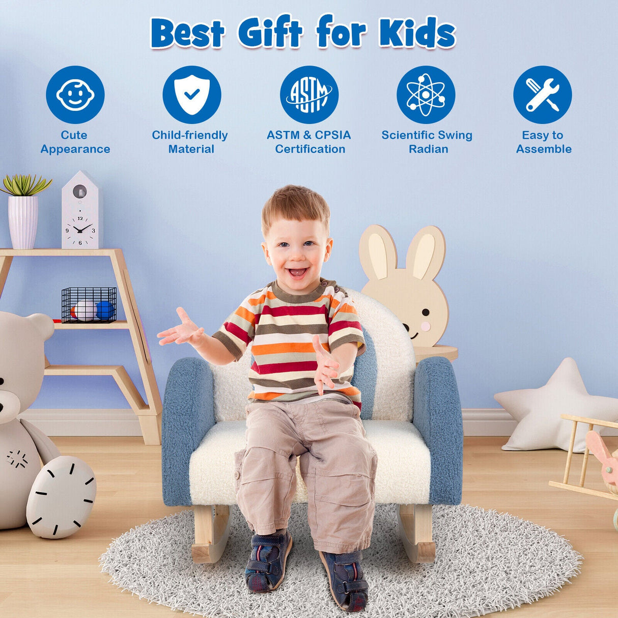 Mecedora para niños Sofá tapizado de terciopelo para niños con patas de madera maciza