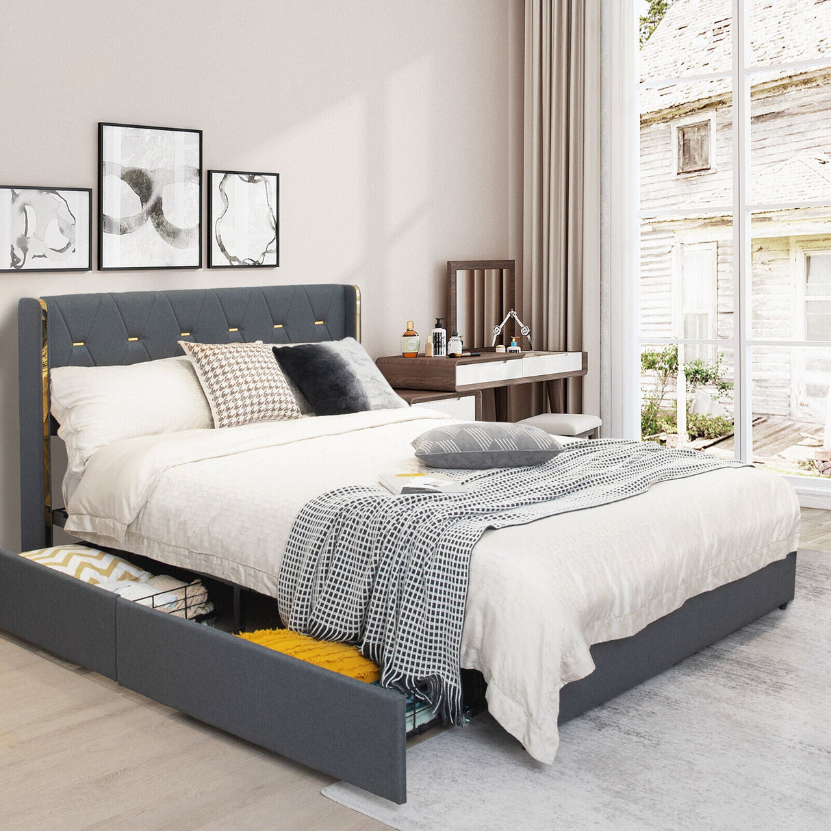 Base de cama tapizada tamaño matrimonial/queen con 4 cajones de almacenamiento