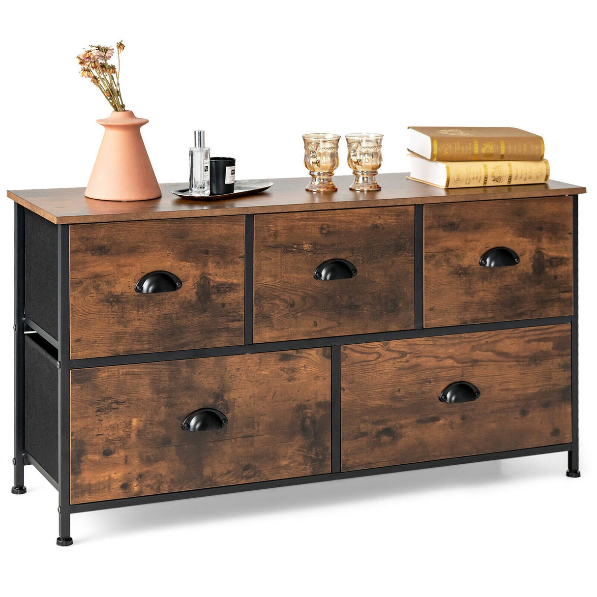 Organizador de Cómoda con 5 Cajones y Tapa de Madera-Marrón Rústico