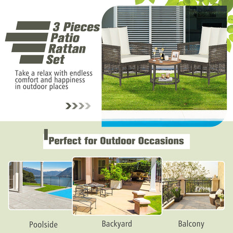 Juego de muebles de patio de ratán de 3 piezas con sofás acolchados y mesa con tapa de madera - Blanco
