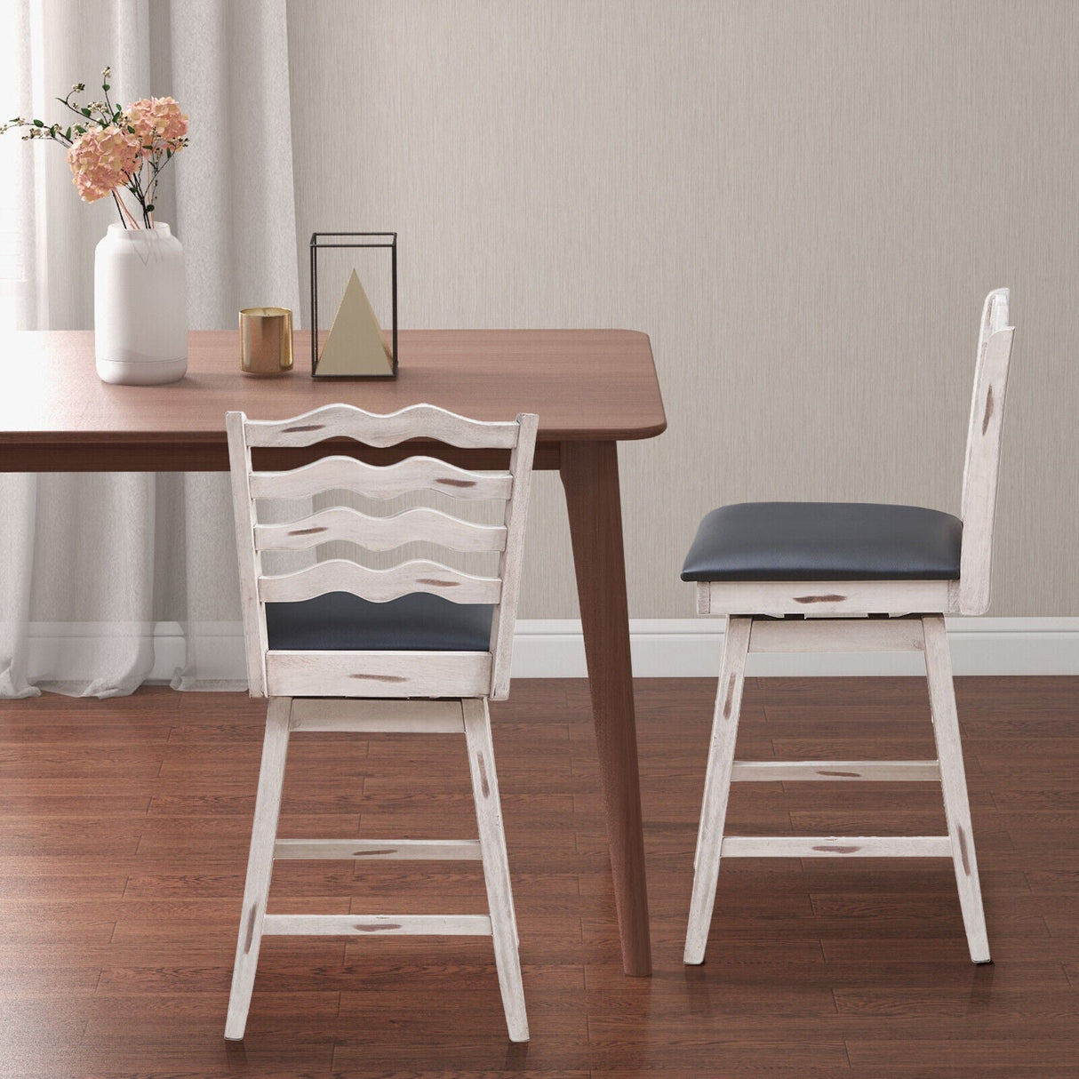 360° Swivel Bar Stools with Rubber Wood Frame and Ergonomic Backrest and Footrest