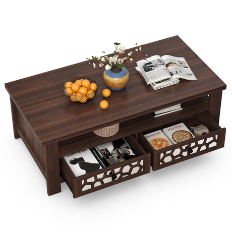 Mesa de centro de 3 niveles con 2 cajones y 5 patas de apoyo