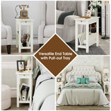 2-Tier End Table with Pull-out Tray and Solid Rubber Wood Legs
