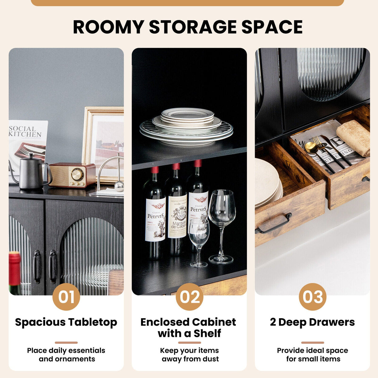 Aparador Industrial de Cocina con Puertas de Vidrio Templado - Negro