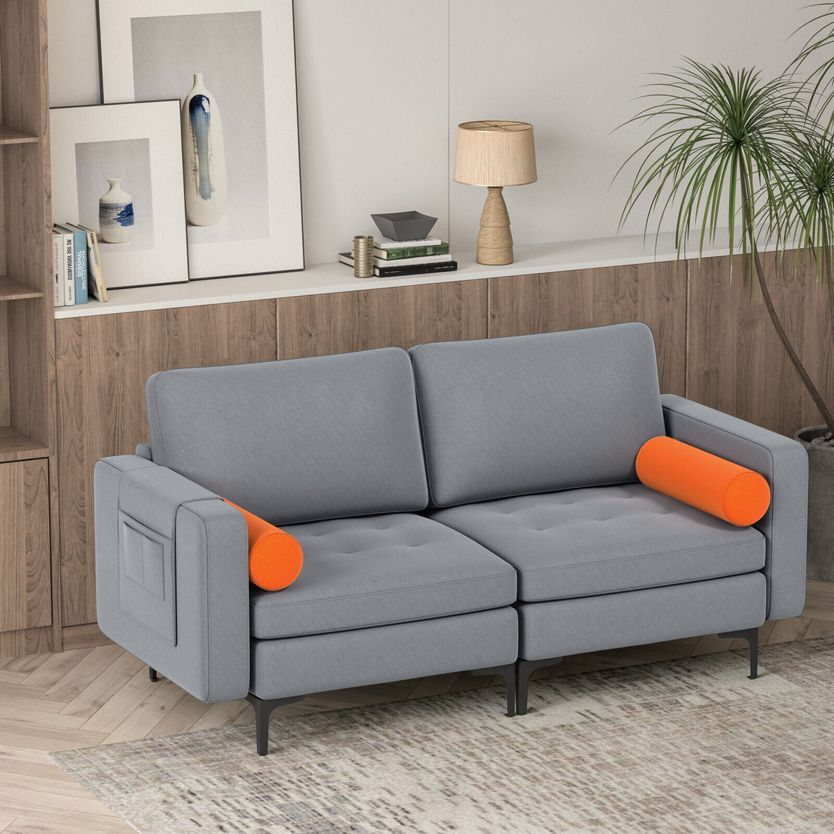 Sofá biplaza moderno con 2 cojines cilíndricos y bolsillo lateral de almacenamiento - Gris