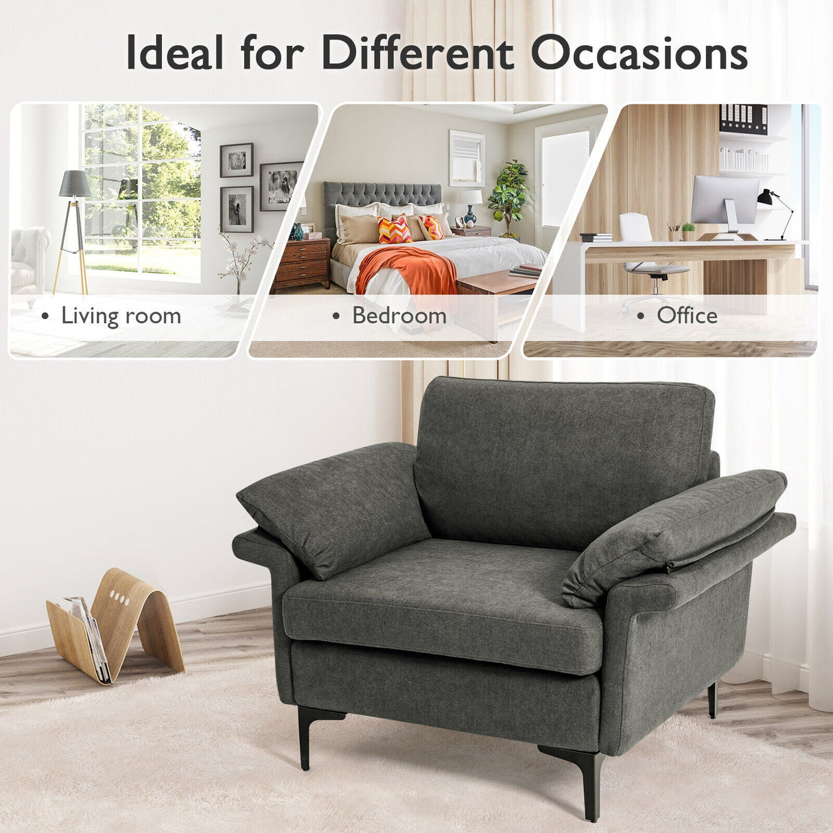 Sillón moderno de tela con muelles distribuidos originales y cojines en los reposabrazos