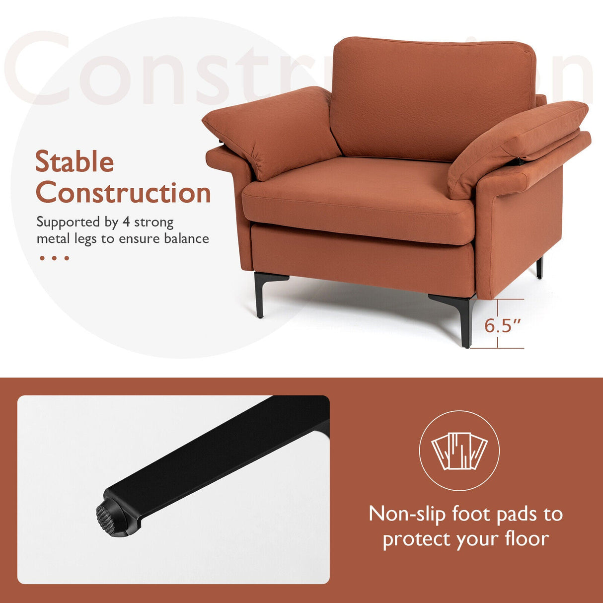 Sillón moderno de tela con muelles distribuidos originales y cojines en los reposabrazos