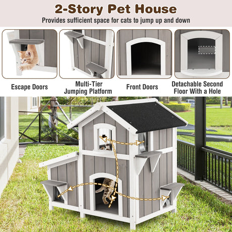 Casa de madera exterior de 2 pisos para gatos salvajes con puerta de escape - Gris