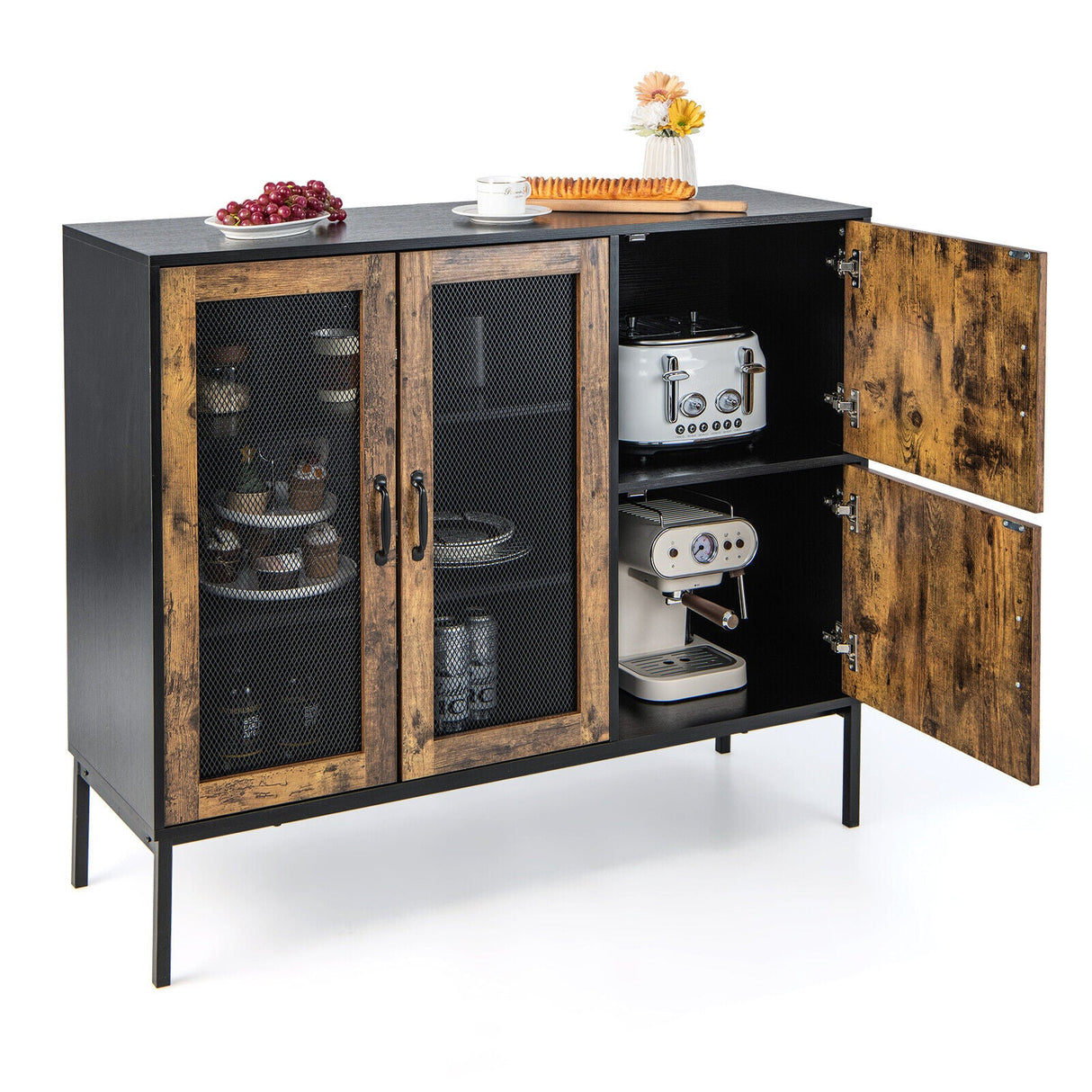 Aparador de cocina industrial de 48 pulgadas con puertas de malla metálica y dispositivo antivuelco - Marrón