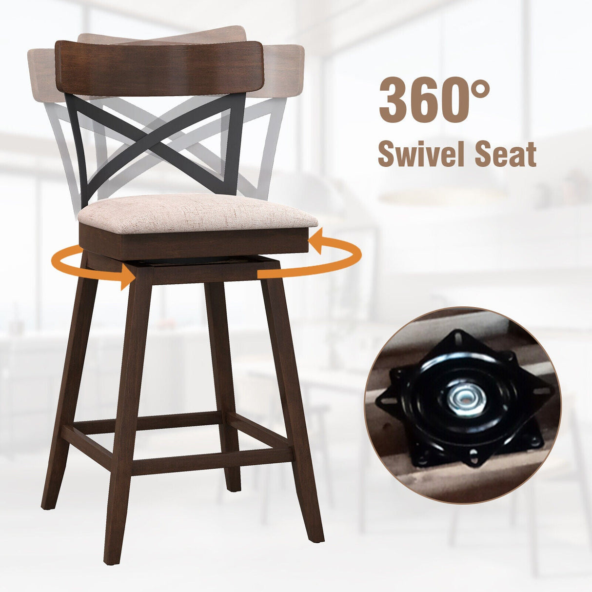 Juego de 2 taburetes de bar giratorios de madera con asiento acolchado y respaldo en X abierto