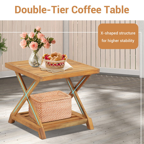 Juego de muebles de mimbre para patio de 3 piezas con mesa auxiliar de 2 niveles y sillones acolchados - Natural