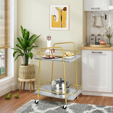 Carro de cocina rodante de 2 niveles con estructura de acero y ruedas con freno-Gris