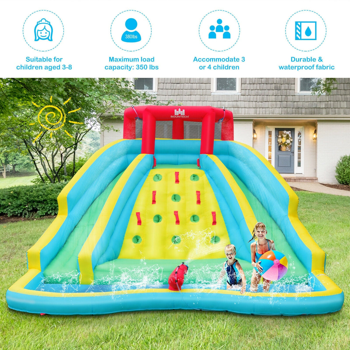 Parque Acuático Hinchable de Doble Lado con Tobogán y Rocódromo para Exterior Sin Soplador