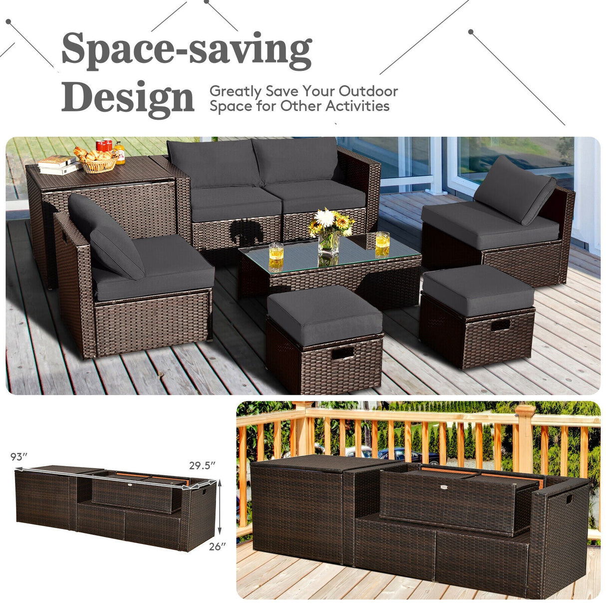 Juego de muebles de ratán de 8 piezas que ahorra espacio para patio con caja de almacenamiento y cubierta impermeable - Gris