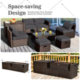 Juego de muebles de ratán de 8 piezas que ahorra espacio para patio con caja de almacenamiento y cubierta impermeable - Gris