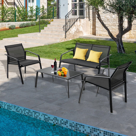 Juego de muebles de patio de 4 piezas con sofás biplaza con reposabrazos y mesa de vidrio para terraza