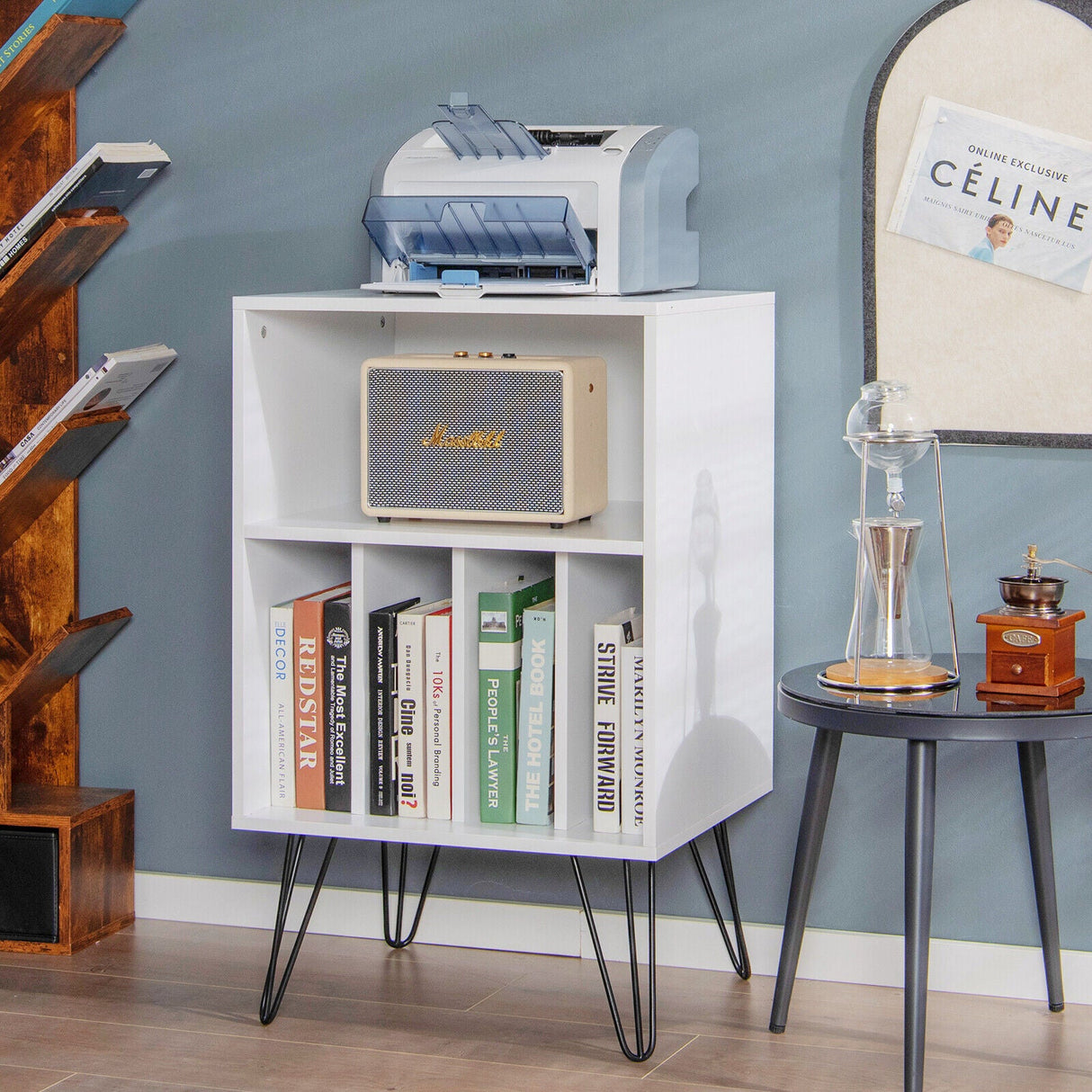 Mueble para tocadiscos independiente, armario para discos con patas de metal - blanco