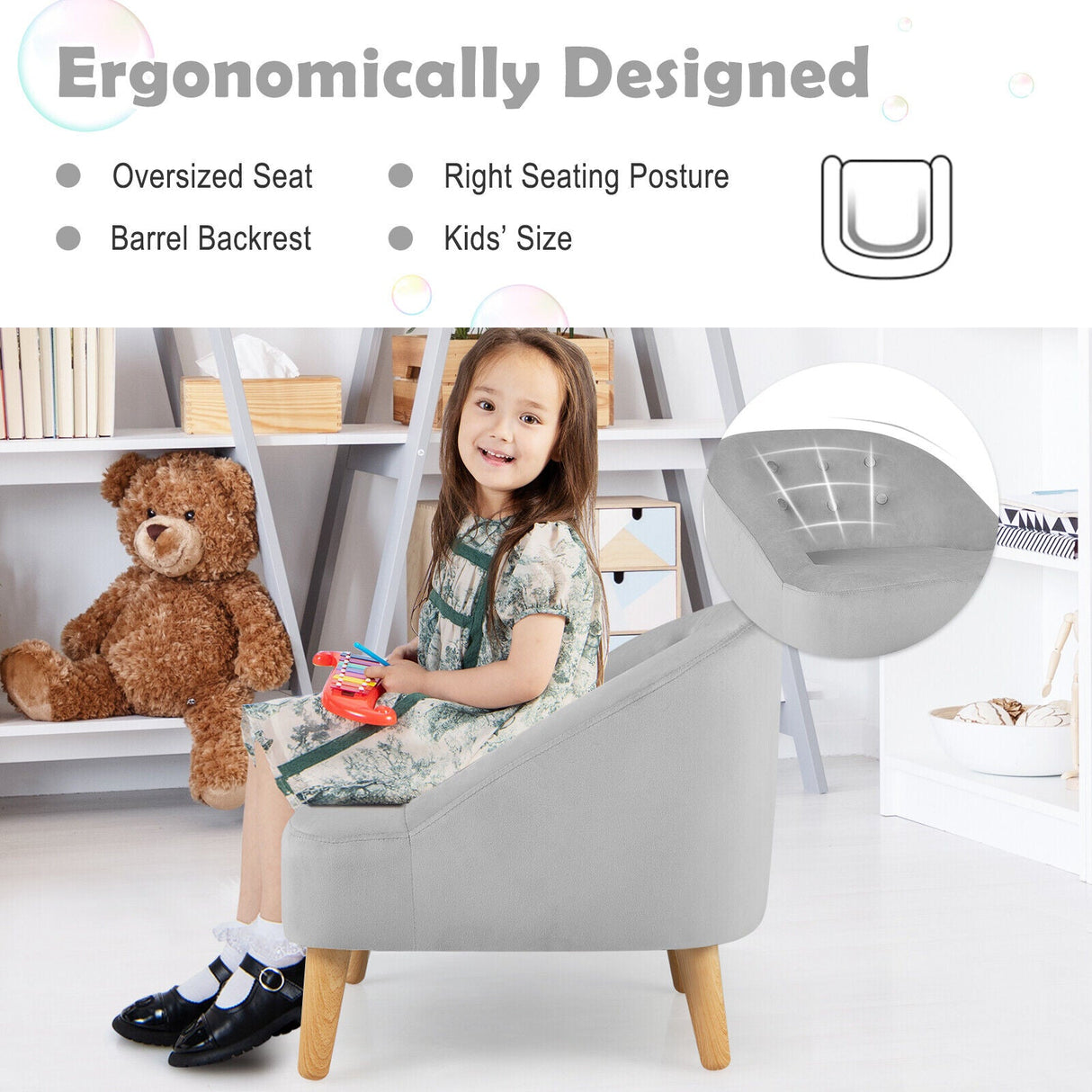 Sillón Sofá Infantil Tapizado en Terciopelo Suave con Otomana