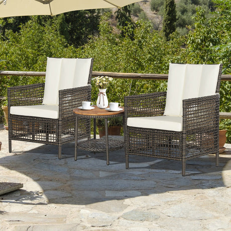 Juego de muebles de patio de ratán de 3 piezas con sofás acolchados y mesa con tapa de madera - Blanco