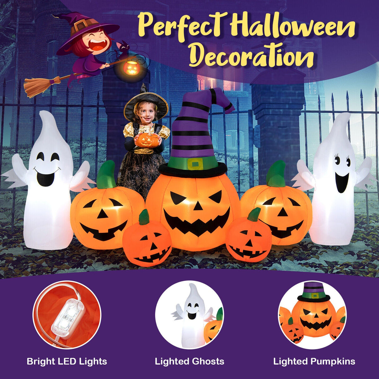 Calabazas Hinchables de Halloween de 2.74 metros de Largo con 2 Fantasmas
