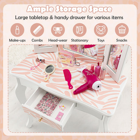 Tocador Infantil 2 en 1 con Espejo Triple Plegable - Rosa