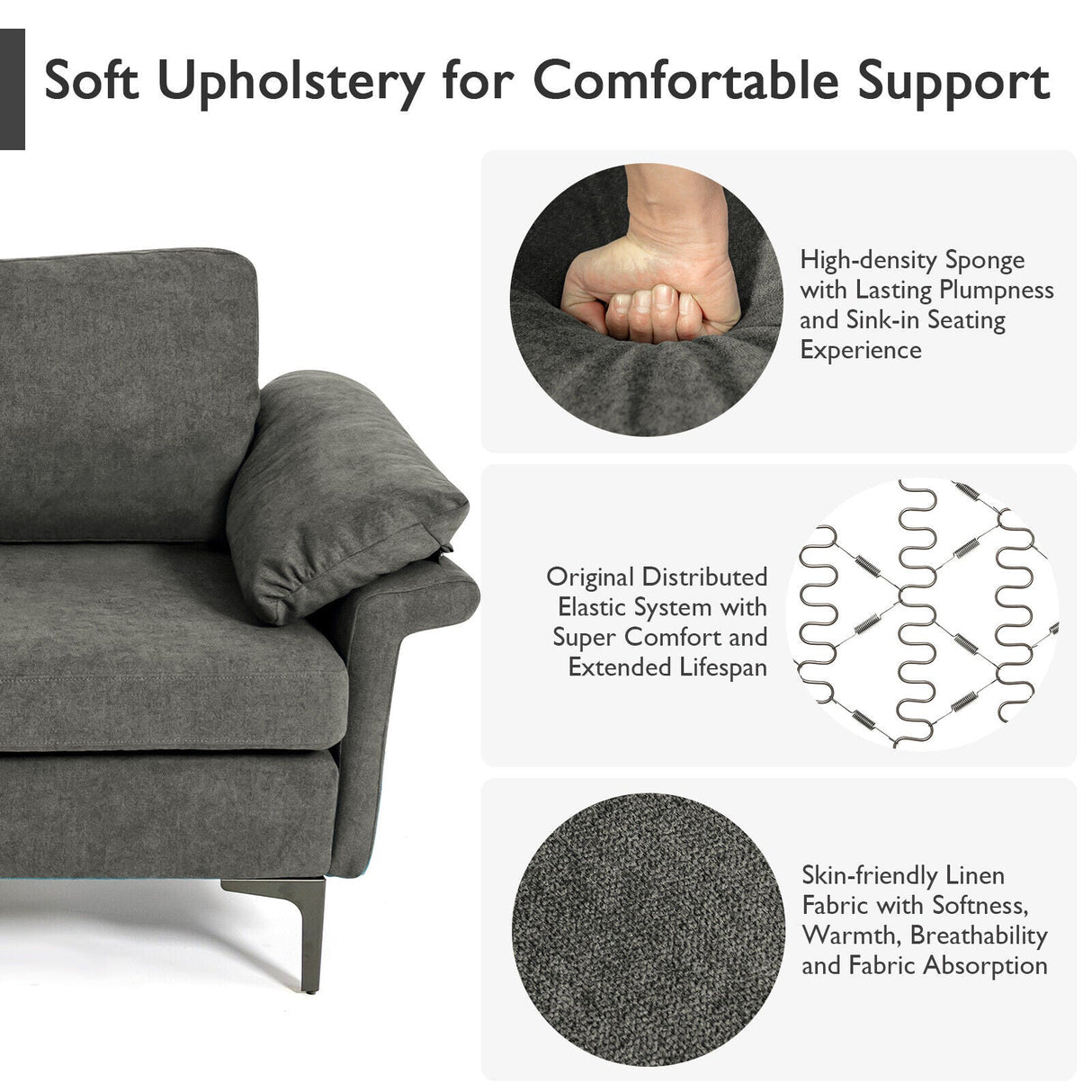 Sillón moderno de tela con muelles distribuidos originales y cojines en los reposabrazos