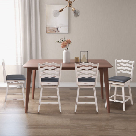 Taburetes de bar giratorios 360° con estructura de madera de caucho, respaldo y reposapiés ergonómicos