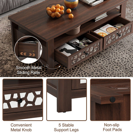 Mesa de centro de 3 niveles con 2 cajones y 5 patas de apoyo