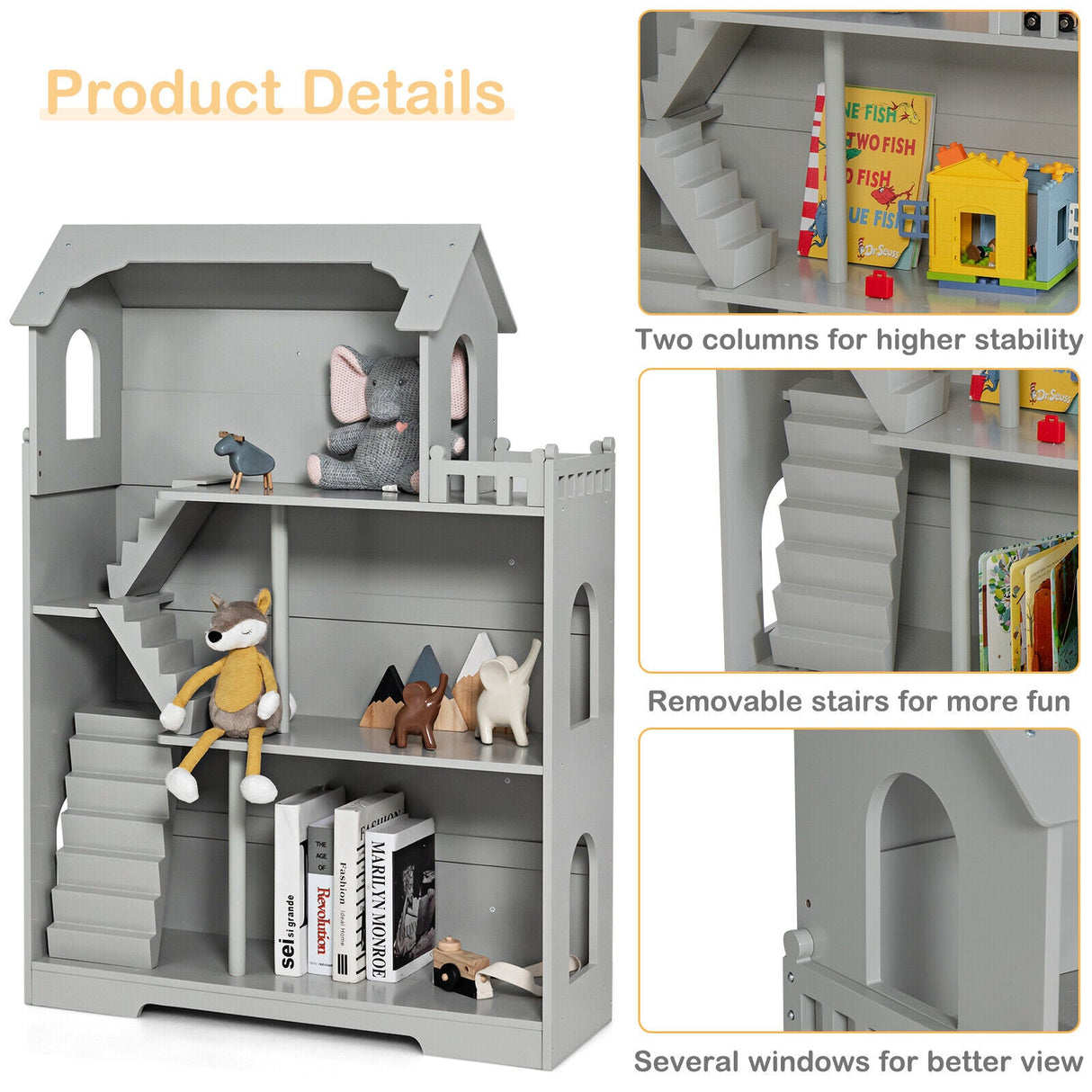 Estantería de madera para casa de muñecas para niños con diseño antivuelco y espacio de almacenamiento