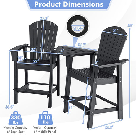 2 sillas Adirondack altas de HDPE con bandeja central de conexión
