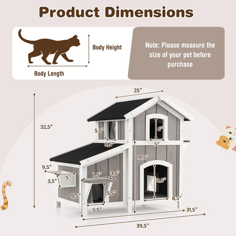 Casa de madera exterior de 2 pisos para gatos salvajes con puerta de escape - Gris
