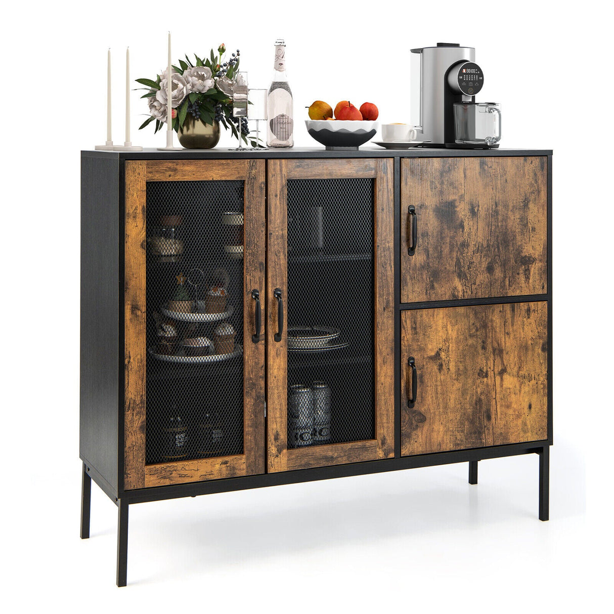 Aparador de cocina industrial de 48 pulgadas con puertas de malla metálica y dispositivo antivuelco - Marrón