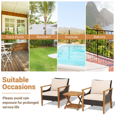 Juego de muebles de mimbre para patio de 3 piezas con mesa auxiliar de 2 niveles y sillones acolchados - Natural