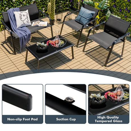 Juego de muebles de patio de 4 piezas con sofás biplaza con reposabrazos y mesa de vidrio para terraza