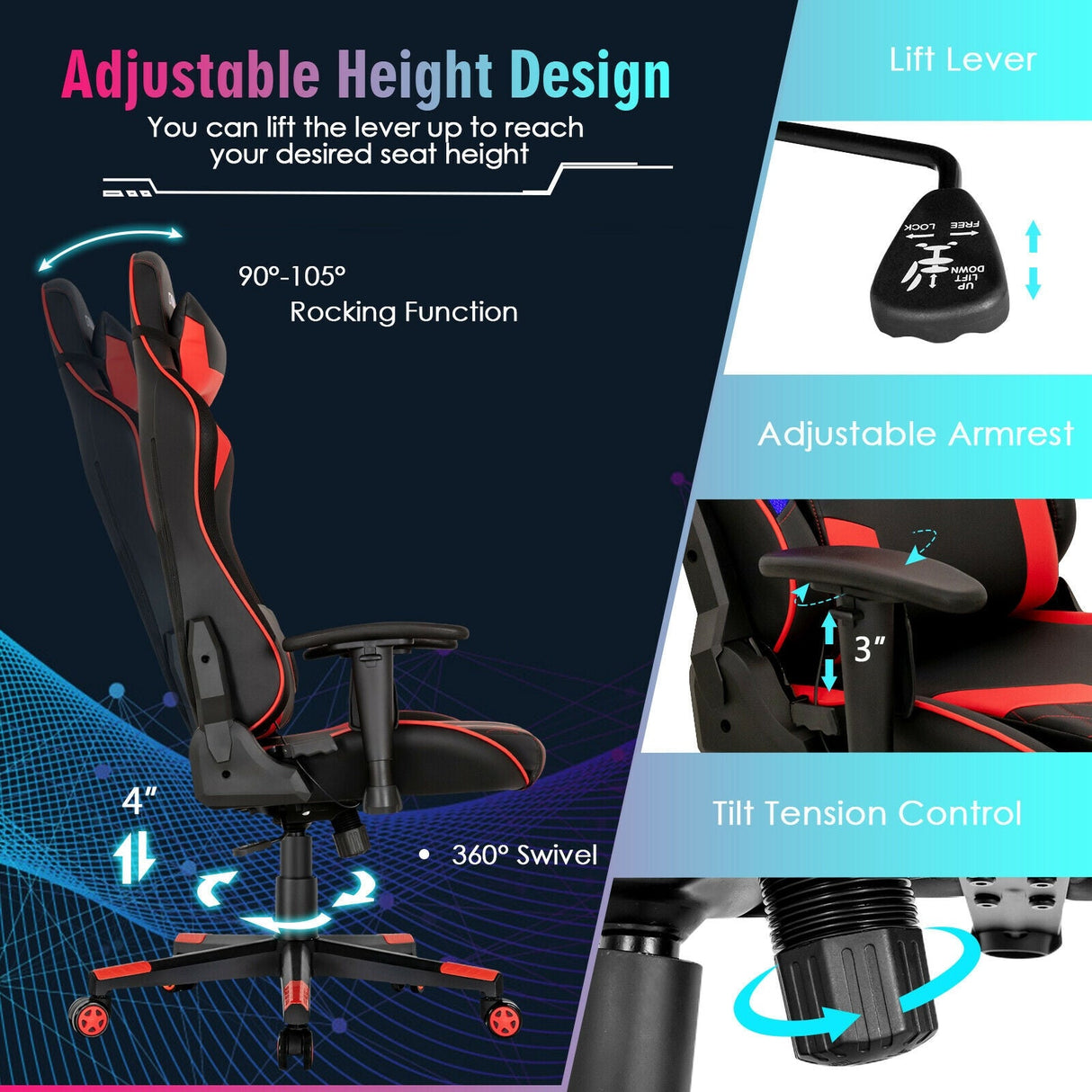Silla Gamer Ajustable Giratoria para Computadora con Luces LED Dinámicas