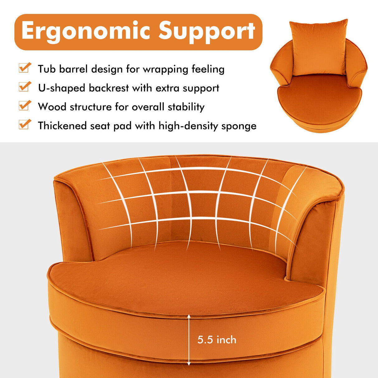 Sillón giratorio moderno 360° sin necesidad de montaje - Naranja