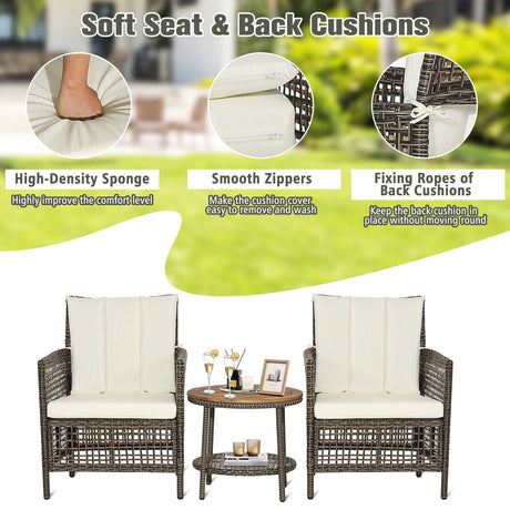 Juego de muebles de patio de ratán de 3 piezas con sofás acolchados y mesa con tapa de madera - Blanco