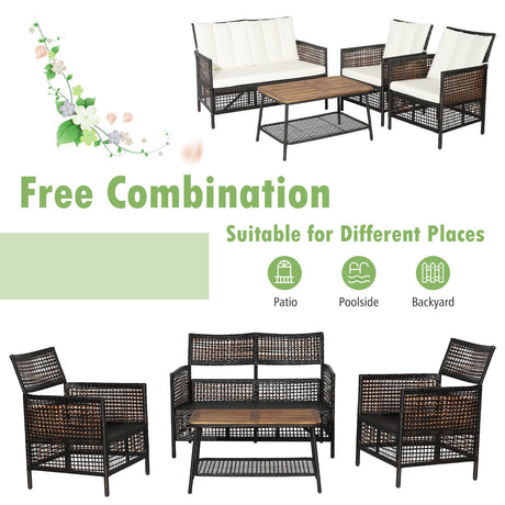 Juego de muebles de patio de ratán de 4 piezas con mesa de centro de 2 niveles - Blanco
