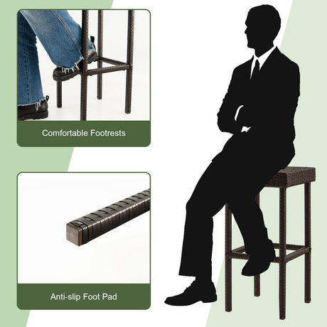 2 Taburetes de bar de ratán de mimbre para patio - Marrón