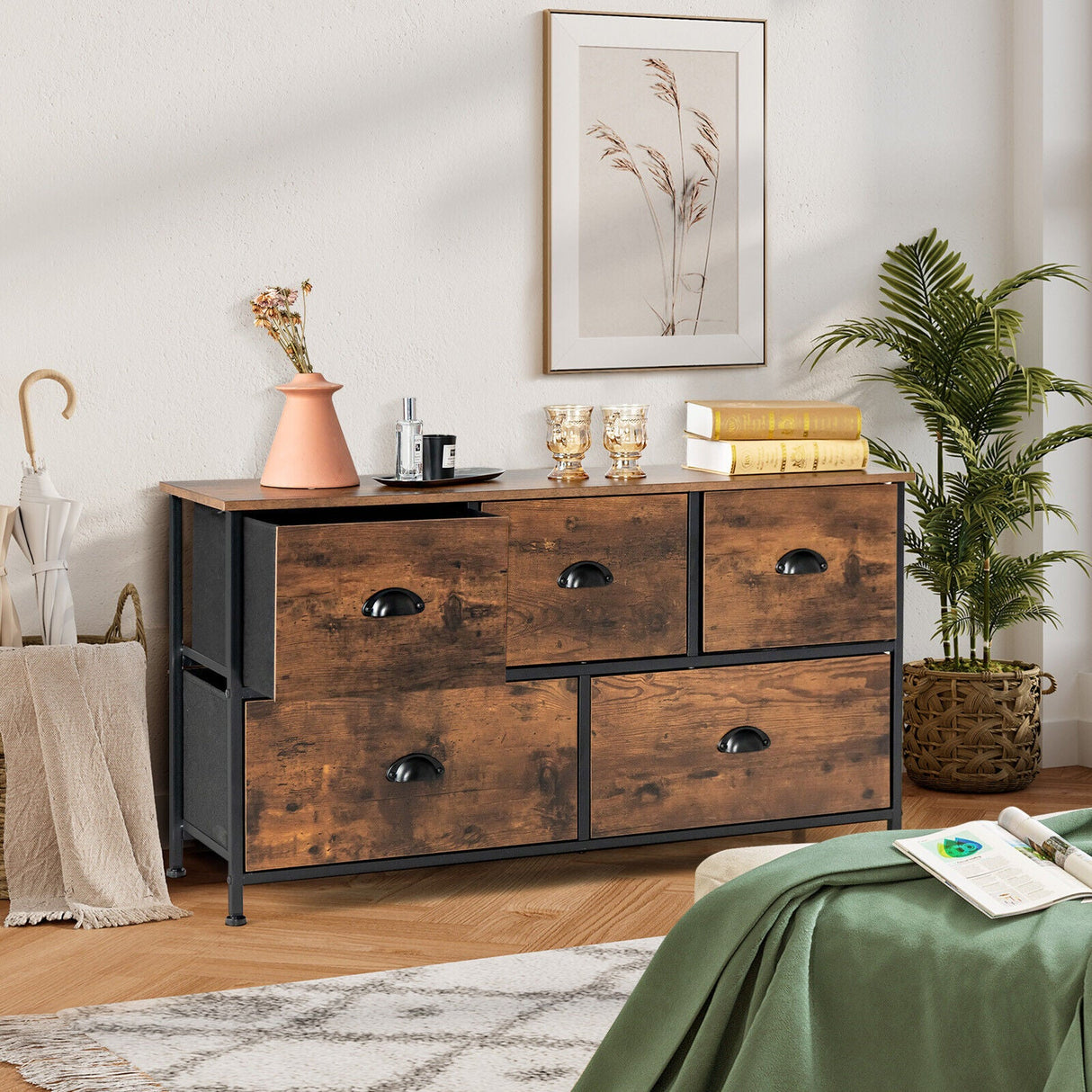 Organizador de Cómoda con 5 Cajones y Tapa de Madera-Marrón Rústico