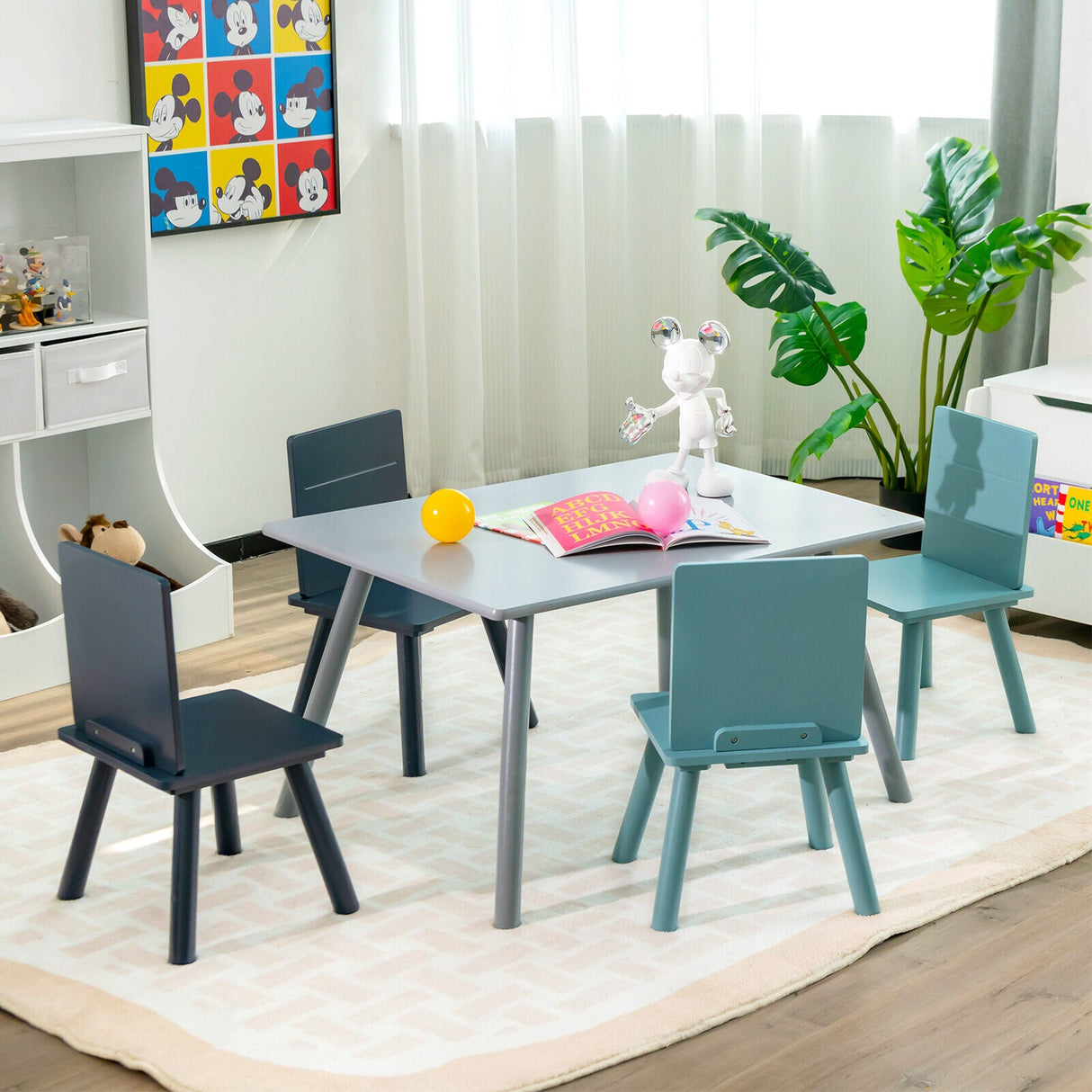 Set de Muebles de Actividad de Madera de 5 Piezas para Niños con Bloques de Construcción - Azul
