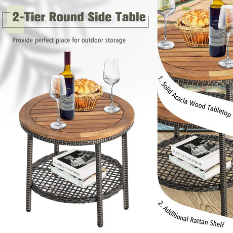 Juego de muebles de patio de ratán de 3 piezas con sofás acolchados y mesa con tapa de madera - Blanco