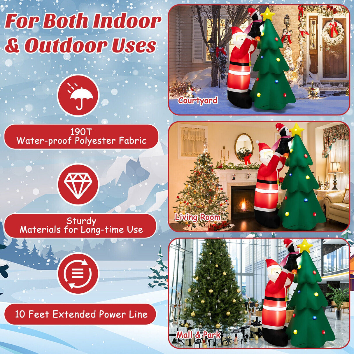 Árbol de Navidad y Papá Noel hinchables de 1,8 m con LED y soplador de aire
