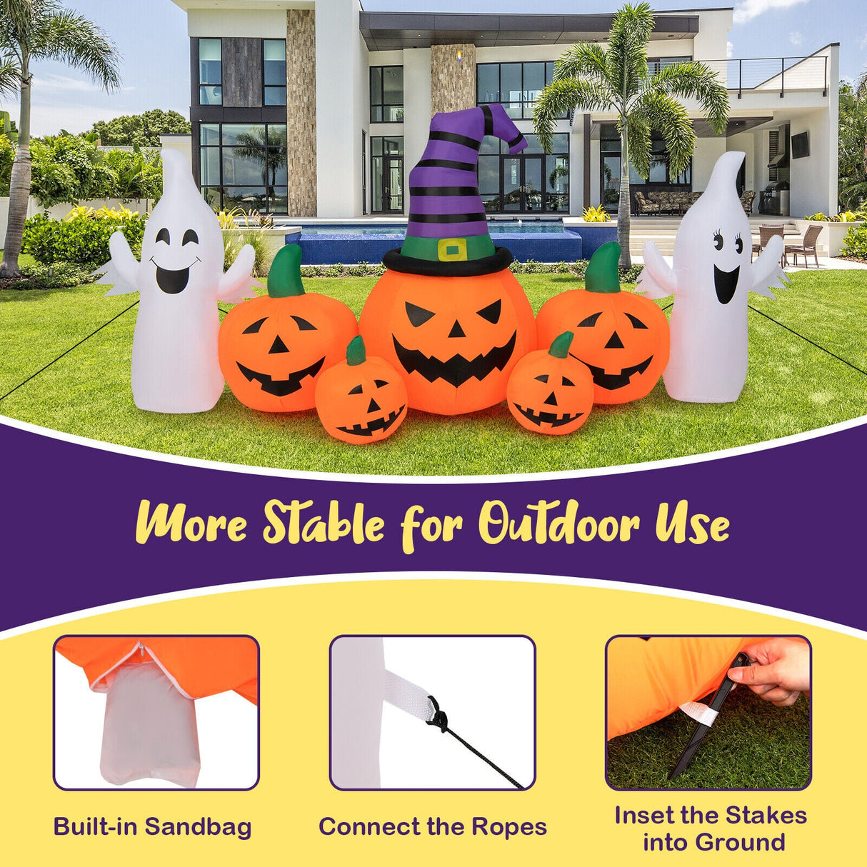 Calabazas Hinchables de Halloween de 2.74 metros de Largo con 2 Fantasmas
