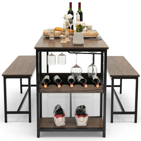 Juego de Comedor de 3 Piezas para 4 con Botellero - Marrón