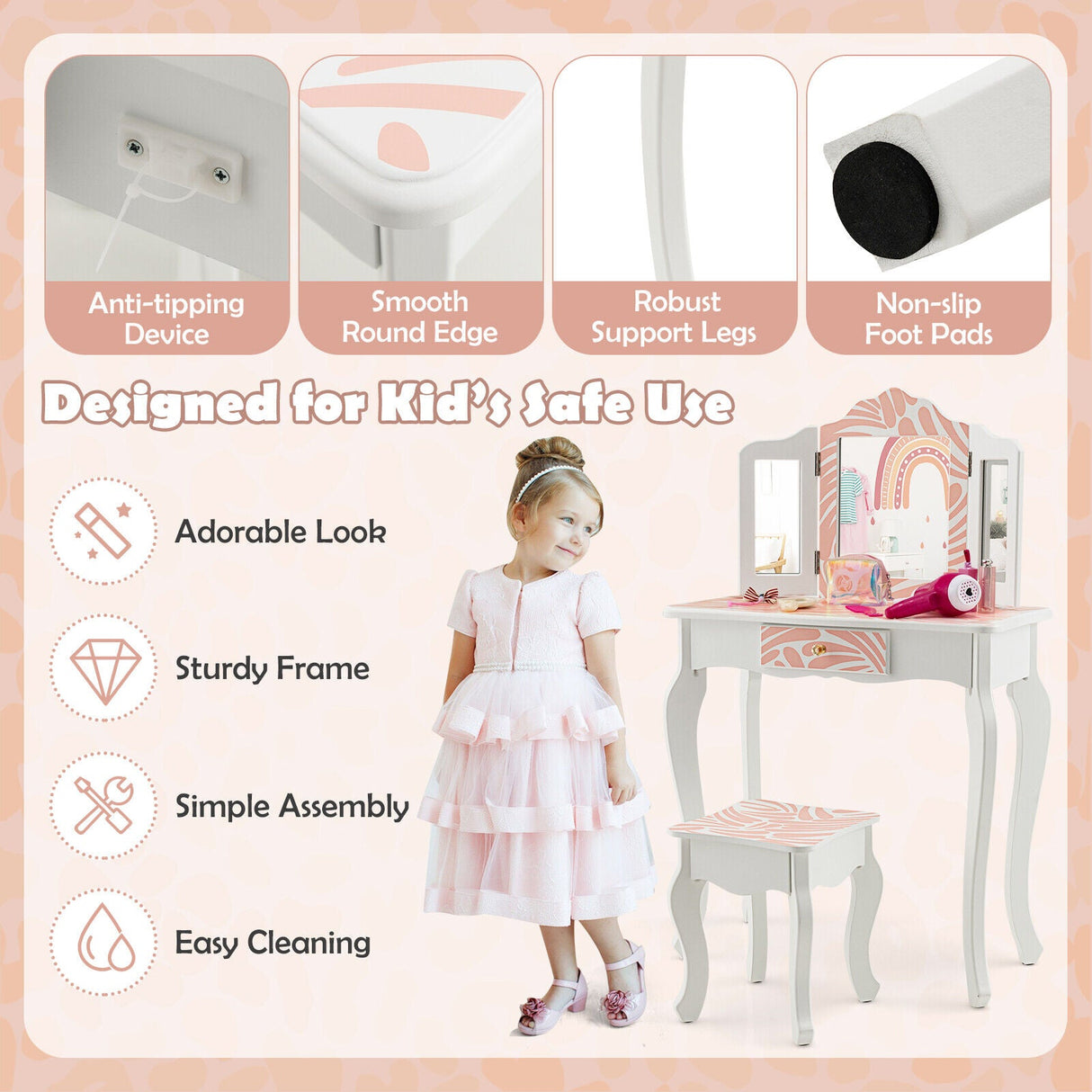 Tocador Infantil 2 en 1 con Espejo Triple Plegable - Rosa