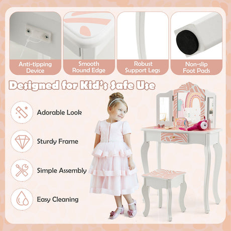 Tocador Infantil 2 en 1 con Espejo Triple Plegable - Rosa