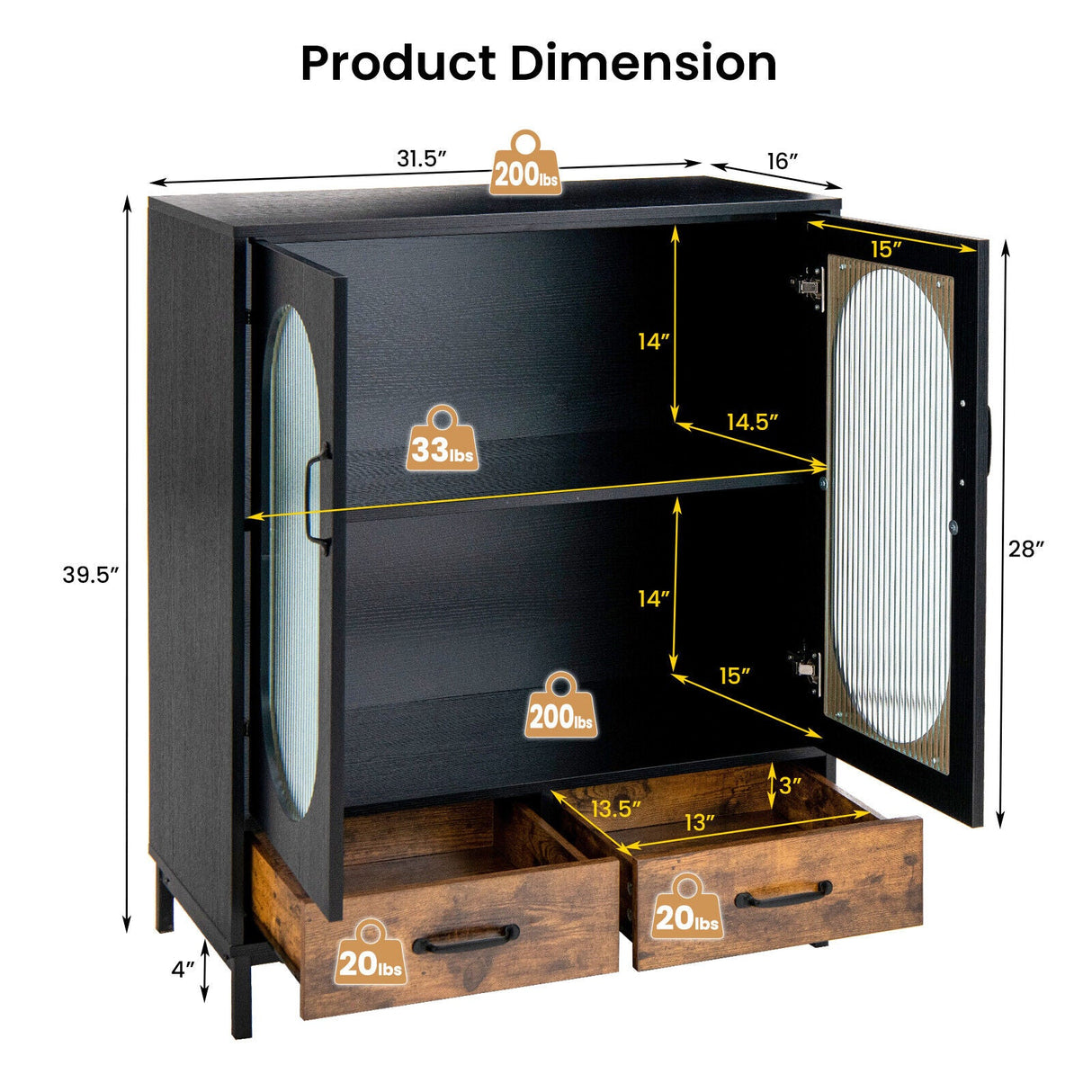 Aparador Industrial de Cocina con Puertas de Vidrio Templado - Negro