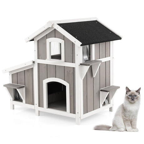 Casa de madera exterior de 2 pisos para gatos salvajes con puerta de escape - Gris
